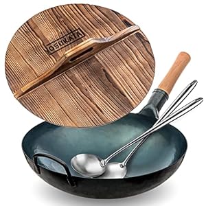YOSUKATA Blue Round Bottom Wok Pan – 14″ Woks and Stir Fry Pans With Cast Iron Wok Cover – 17’’ Wok Spatula and Ladle – Set of 2 Heat-Resistant Wok Tools- Wooden Wok Lid 14 in with Ergonomic Handle