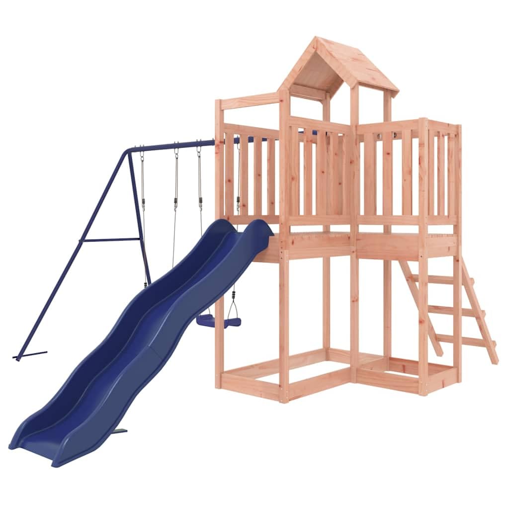 Torre da gioco in legno massiccio Douglasie con scivolo ondulato e doppio altalena, torre da arrampicata, attrezzo da giardino per bambini all'aperto, include scala, piattaforma e seduta