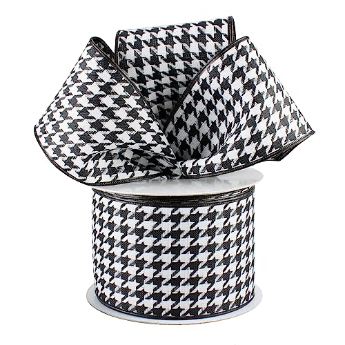 Image of Black White Houndstooth Wired Ribbon - 1 1 /2 inch x 10 Yards, White Wired Edges, Tessellation, Halloween, Christmas Tree Decorations, Decor for Garlands, Gifts, Wrapping, Retro, 80's, Wreaths, Swag, Bows