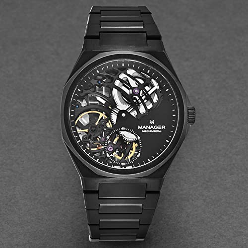 Manager Men's 'Revolution' Black Dial Black Stainless Steel Bracelet Hand Winding Watch MAN-RM-09-NM4