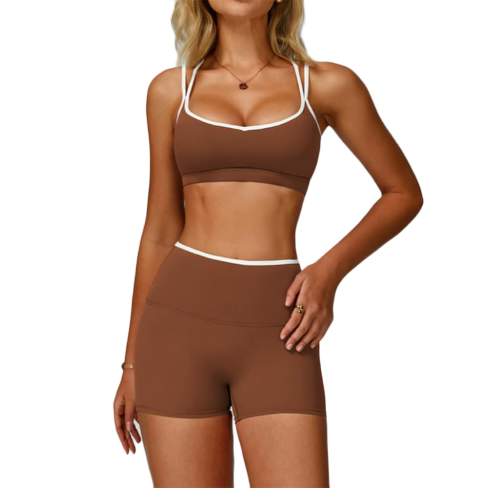 XYFfybhsd Women's 2 Piece Activewear Set Contrast Trim Sports Tank Top and High Waist Shorts Stretchy Seamless Yoga Outfits(Size:M,Color:Brown)