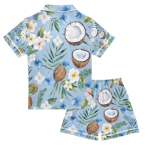 senya Coconut Fruit Tropical Flowers Satin Summer Pajama Sets Silk Short Sleeve Button Down Sleepwear2
