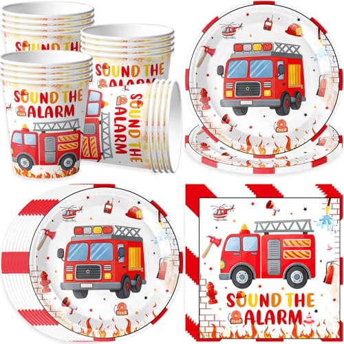 pekifaves Conjunto de louça de festa de bombeiros para 16 convidados, camiões de bombeiros aniversário festas guardanapos canecas pratos de papel de bombeiro, conjunto de aniversário para crianças
