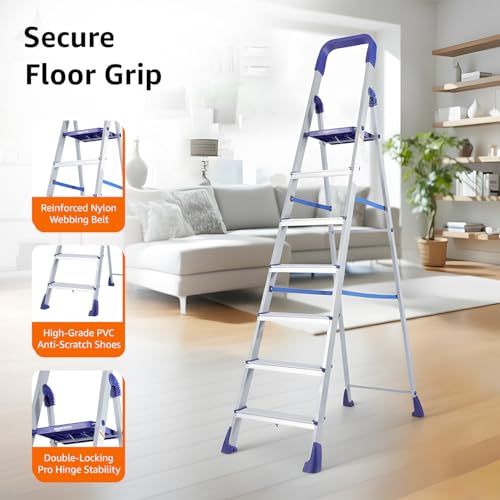 Image of Amazon Basics Clamber Pro - Foldable 7 Step Ladder, Firm Grip, 7 Steps (Aluminium Steps, Blue & Satin)