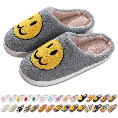 Image of Women's Men's Preppy Happy Face Slippers Comfy Warm Plush Slip-On House Slipper for Winter Indoor Soft Cushion Non-slip Fluffy Slides Slippers