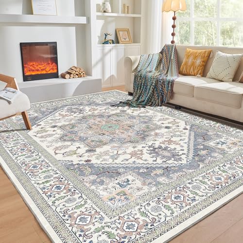 OPPODREAM Soft Area Rugs 9x12 Living Room, Washable Rugs 9x12 with Non Slip Backing, Faux Cashmere Low-Pile 9 x 12 Carpet, Purple & Green & Cream