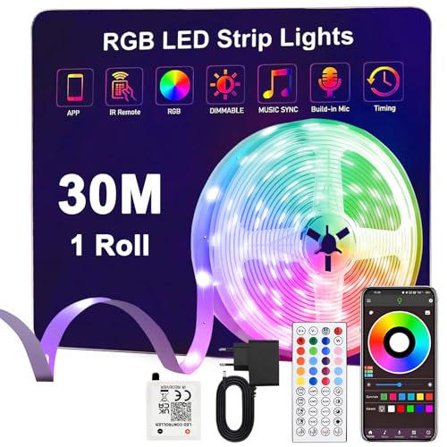 Anmossi Ruban Led 30m,24V RVB Bande LED avec Télécommande et Bluetooth APP,Synchronisation de la Musique, Mode Minuterie,Flexible Multicolore Bande LED pour Salon,Chambre,Fête,Festival,Mariage