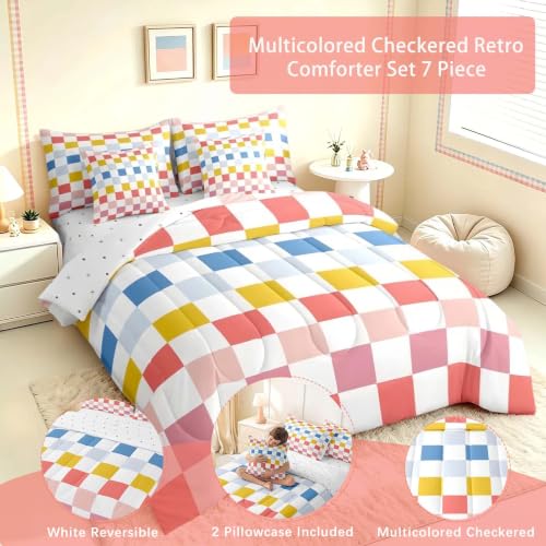 Image of Feelyou Multicolored Checkered Retro Comforter Set with Sheets 7 Piece Full Size Geometric Cute Bed in a Bag Kids Boys Girls Colorful Bedding Set Modern Groovy Aesthetic Bedroom Decor Breathable Soft