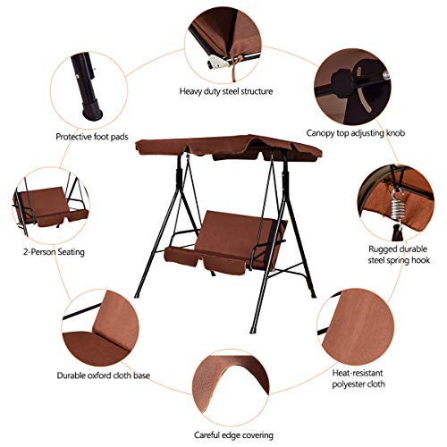 Image of Tangkula 2 Person Porch Swing, Outdoor Swing with Removable Cushions, Solid Steel Structure, Patio Swing with Adjustable Canopy for Porch, Backyard, Garden, Balcony