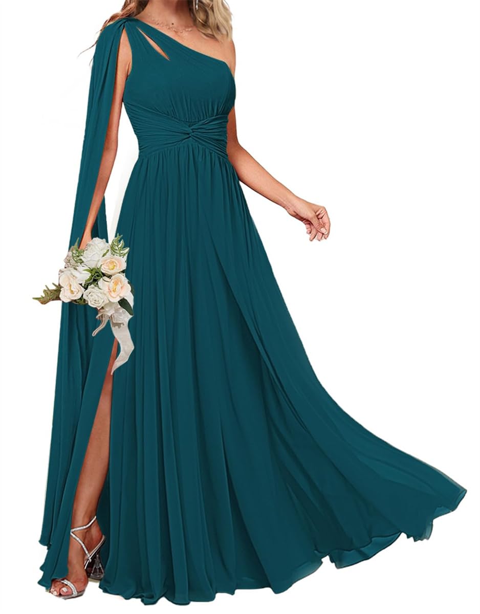 KURFACE Teal Bridesmaid Dresses for Women with Slit Cape Long One Shoulder Wedding Guest Dress Chiffon Formal Gown UK16