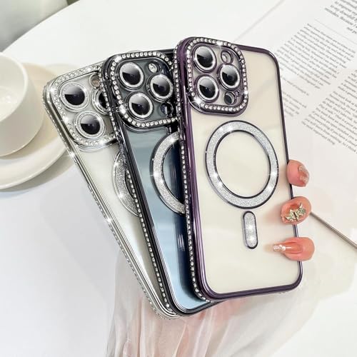 Image of DIZORO Compatible with (iPhone 15 Pro Max Case) Clear Luxury Diamond Glitter Case |Camera Lens Protector with Glitter Ring | Premium Shockproof Glossy Shiny Back Cover Case for Girls Women -Silver