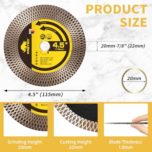 PRETEC Diamond Saw Blades, 4-1/2" Tile Blade for Angle Grinder, 4.5" Diamond Saw Blades, Ceramic Blades for Cutting & Grinding Porcelain, Granite, Marble, 7/8"-20mm Arbor-5PCS by PRETEC - Used condition - Image 5