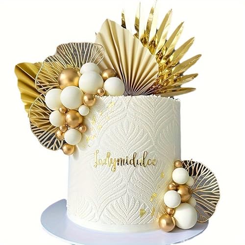 Lot de 20 boules de décoration de gâteau en mousse dorée avec 5 éventails en papier doré, 1 ginkgo biloba doré pour fête à thème doré, anniversaire,...