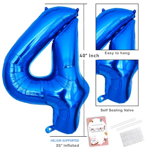 Image of 40 Inch Blue Number 4 Balloon, 4th Birthday Decoration Boys Girls