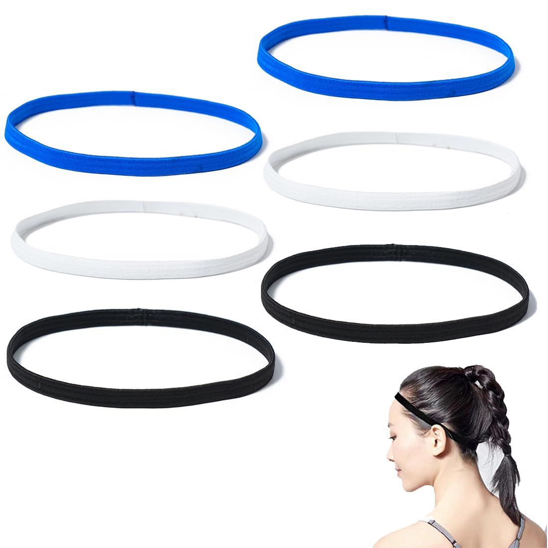 6 Piezas Cinta Pelo Deporte, Cinta Pelo Hombre, Niño Mujer Deporte Diadema Deportiva Elásticas Antideslizante Ppara Yoga Fútbol Jogging-Negro Blanco y Azul