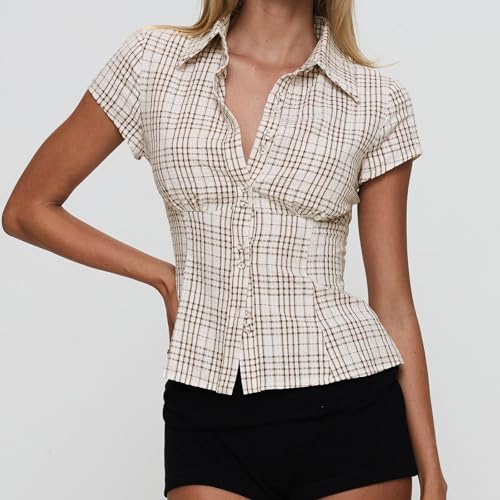 Women Fashion Plaid Button Up Shirt Short-Sleeve Lapel Collar Blouse Shirts Y2K Summer Casual Going Out Tops2