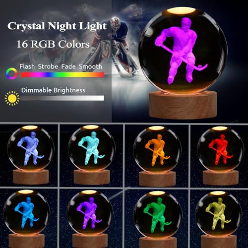 Image of Hockey Night Light, Ice Hockey Gifts, Hockey 3D Crystal Ball Night Light with Remote Upgraded 3.15 Inch Lamps with 16 Color for Birthday Xmas Cool Figurines Gifts for Room Decor Boys Girls