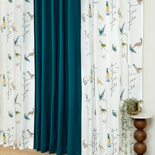 Image of Tranquebar Curtain Co. Window Curtains 5 Feet, 60-65% Room Darkening, Multicolor (Blue, Yellow) Bird Print, Cotton Curtains for Window, BackTab Loops, Design Shiri Green Combo (152 cm) - Set of 3