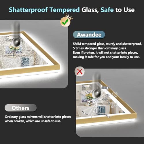 Image of 24x36 Gold Beveled LED Bathroom Mirror Backlit & Front Lit Anti-Fog | Brushed Gold Framed, Anti-Fog Lighted Vanity Mirror, Dimmable, 3-Color Light, Memory, CRI95, HD Tempered Glass, UL Listed