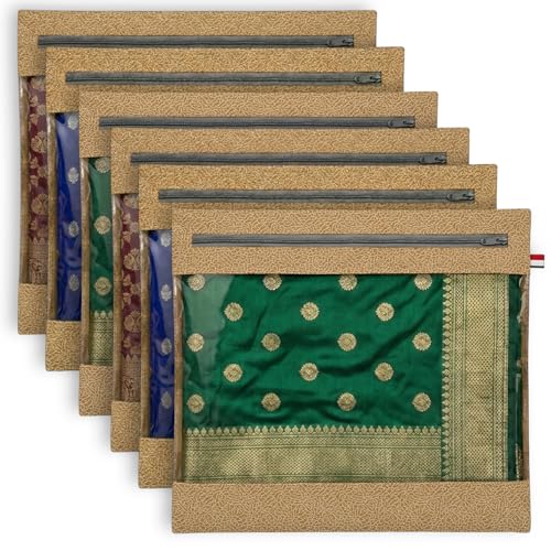 Image of Lukzer Single Non-Woven Leather Printed Saree Covers for Storage Set of 6 (16 x 14 Inch) Big Size Bags with Zip Closure & Transparent Window Wardrobe Organizer for Clothes /Lehenga /Dresses SSC-03-06