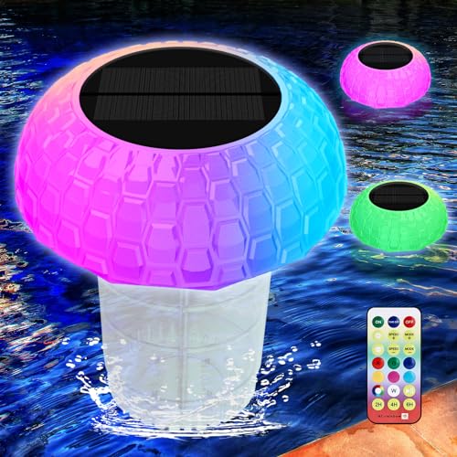 Solar Pool Chlorine Floater, Floating Pool Dispenser with Color Lights, Adjustable Release & Easy Opening to Fit 1"& 3" Chlorine Tabs, Remote Control Chlorine Floater for Hot Tub Spa