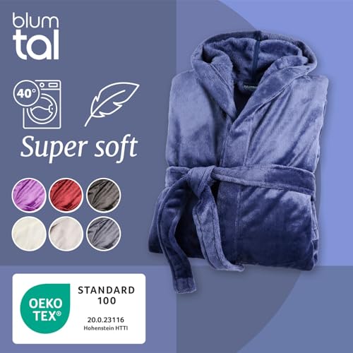 Blumtal Bademantel Damen & Herren L - OEKO-TEX zert. Morgenmantel mit Kapuze inkl. Doppelschlaufen für perfekte Passform - Mikrofaser Bademantel für Sauna Dunkelblau-Blau