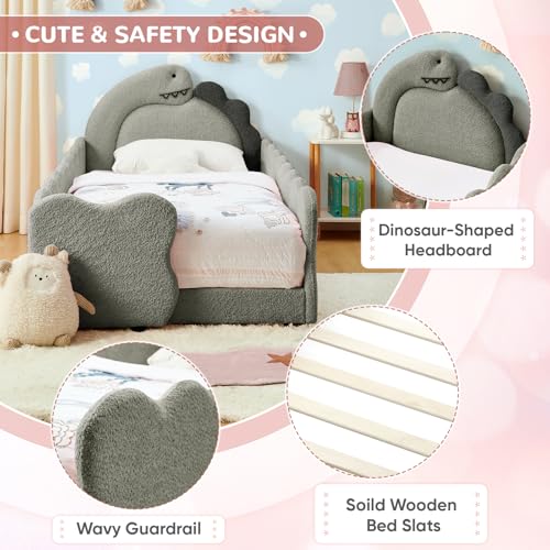 Image of Twin Size Kids Bed with Dinosaur Headboard, Upholstered Boucle Fabric Twin Daybed with Slats Support & Side Pocket, Space-Saving Wooden Corner Sofa Couch Day Bed Frame for Girl, Boy, Teenager(Grey)