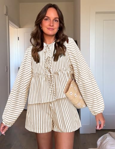 Bankeng Women Y2K Tie Front 2 Piece Shorts Set Plaid Long Puff Sleeve Peplum Top Summer Cute Lounge Sets3