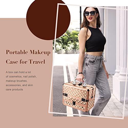 Joligrace Makeup Train Cases Box Organizer Professional Travel Makeup Cosmetic Storage Cases Portable Lockable With Drawer Rose Gold #TOP4