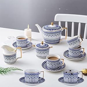 11 Pieces Porcelain Tea Set Castle Coffee Cups and Saucer Ceramic Coffee Set with Teapot, Sugar Bowl, Creamer Pitcher,11pcs (15pcs)