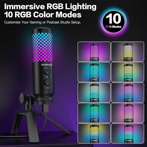 Image of ZealSound Podcast Microphone for PC /Mac /iPhone /Phone - 96kHz /24bit USB Condenser Mic with Noise Reduction, Tap-to-Mute, Gain Control, Zero-Latency Monitor, RGB Light for Streaming, Gaming, Recording