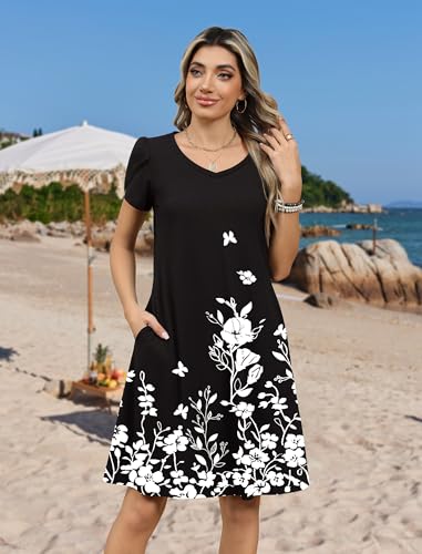 Image of Zeagoo Womens Summer A-Line Dress with Pockets Mini Short Sleeve Dresses Flowy Beach Swing Dress 2026 Vacation Travel