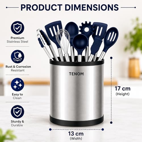 Image of TENOM Spoon Holder, Spoon Stand For Kitchen Steel, Cutlery Stand, Spoon Organiser For Kitchen, Cutlery Holder, Ladle Holder, Spatula Holder (Cylinder)