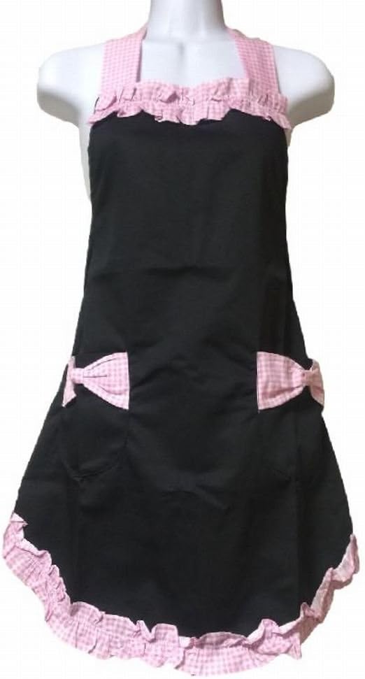 [Fashionable ruffle apron halter black pink check Ladies princess] honeymoon help ceremonial housework cuisine cooking hairdresser barber nursery apron dress cafe apron maid princess linen uniforms kitchen gardening gingham check [HAPPINESSMAILE] black pi