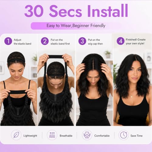 Image of Eawwii Black Short Wavy Wig for Women Lace Hairline Bob Style Synthetic Heat Resistant - Natural Appearance for Everyday Hairstyle 14 Inch | Glueless 4x1 Lace Hairline, Heat-Resistant Fiber,Bob Wave Style,Natural Appearance for Everyday Cosplay 14 Inch