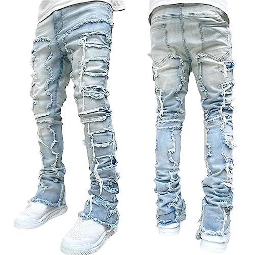 Giraropa Mens Black Stacked Jeans Slim Fit Skinny Ripped Jeans Destroyed Straight Denim Pants Harajuku Hip Hop Trousers Streetwear (Light Blue, L)2