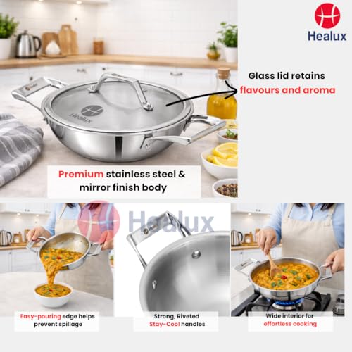 Healux Triply 22cm Maxi Wok with Glass Lid – 2.5L | Indian Kadai | Induction Friendly, Oven and Dishwasher Safe | 5 Years Guarantee – Silver | 304... - Image 7
