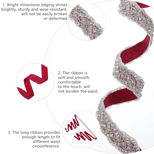 Bling Bridal Rhinestone Belt, Handcrafted Sparkly Rhinestone Belts for Formal Dress, Wedding Dress Belt Glitter Ribbon Waist Belts for Women Jeans Shiny Party Wedding (Burgundy)3