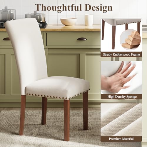 Image of Farmhouse Dining Chairs Set of 6, High Back with Wooden Legs and Nailhead Trim, Modern Fabric Dining Room Chair for Kitchen /Restaurant