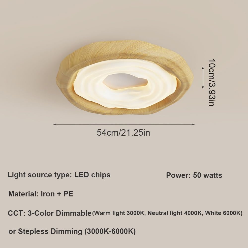 Okrągła Lampy Sufitowa Usłojenie Drewna, Nieregularna Falista LED Plafon Nordyckie Ściemnialne Oświetlenie Sufitowe do Sypialnia Gabinet Biuro Domowe(Wood(Stepless),54cm/21.25in)