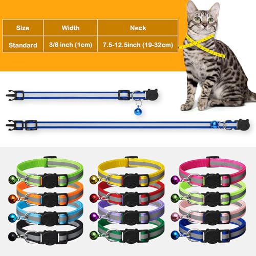 Extodry 12 Stück Reflektierende Katzenhalsband mit Namen Adresse und Halsband Katze mit Sicherheitsverschluss,Verstellbar Kitten Halsband,Personalisiert Haustierzubehör(12 Farben & 2 ID Tag)