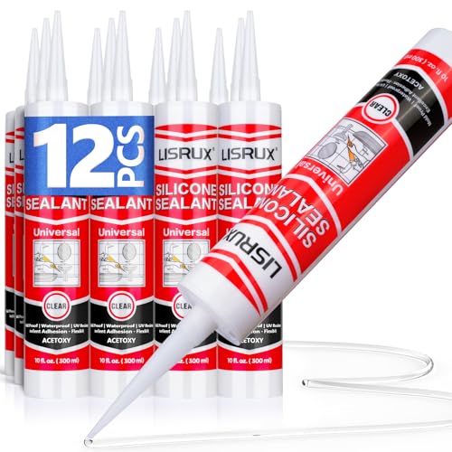 Clear Silicone Caulk & Sealant (12x10.1 fl.oz), 100% Waterproof RTV Silicone Caulking, Low Odor & Won't Yellow Universal Silicone Sealant for Kitchen, Bathroom, Shower, Sink, Anti Shrink