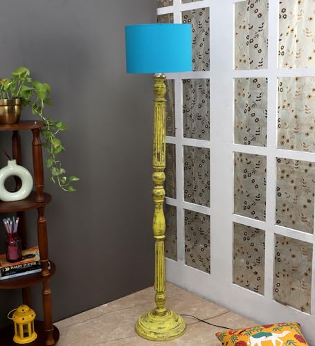 Image of tu casa Mango Wooden Floor Lamps with Aqua Shade for Home Decor, Bedrooms Corner, Living Room, Gifting, Diwali Decoration, Hall, Office, Study Room (Height: - 56 inch) - Bulb not Included