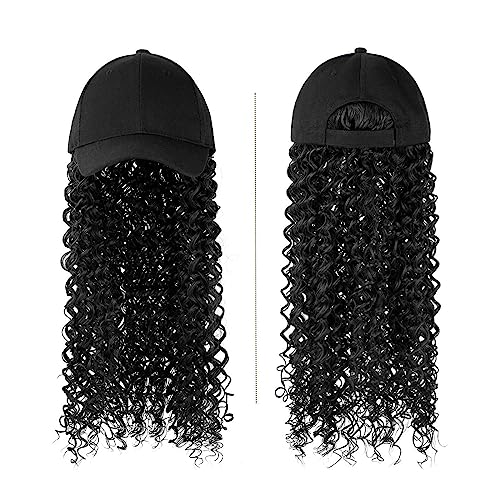 JUNXIAN Wig Cap Baseball Cap Wig Synthetic Long Curly Wigs Hat Wig Natural Black/Brown Cap with Hair for Women Wig Hat(F991)