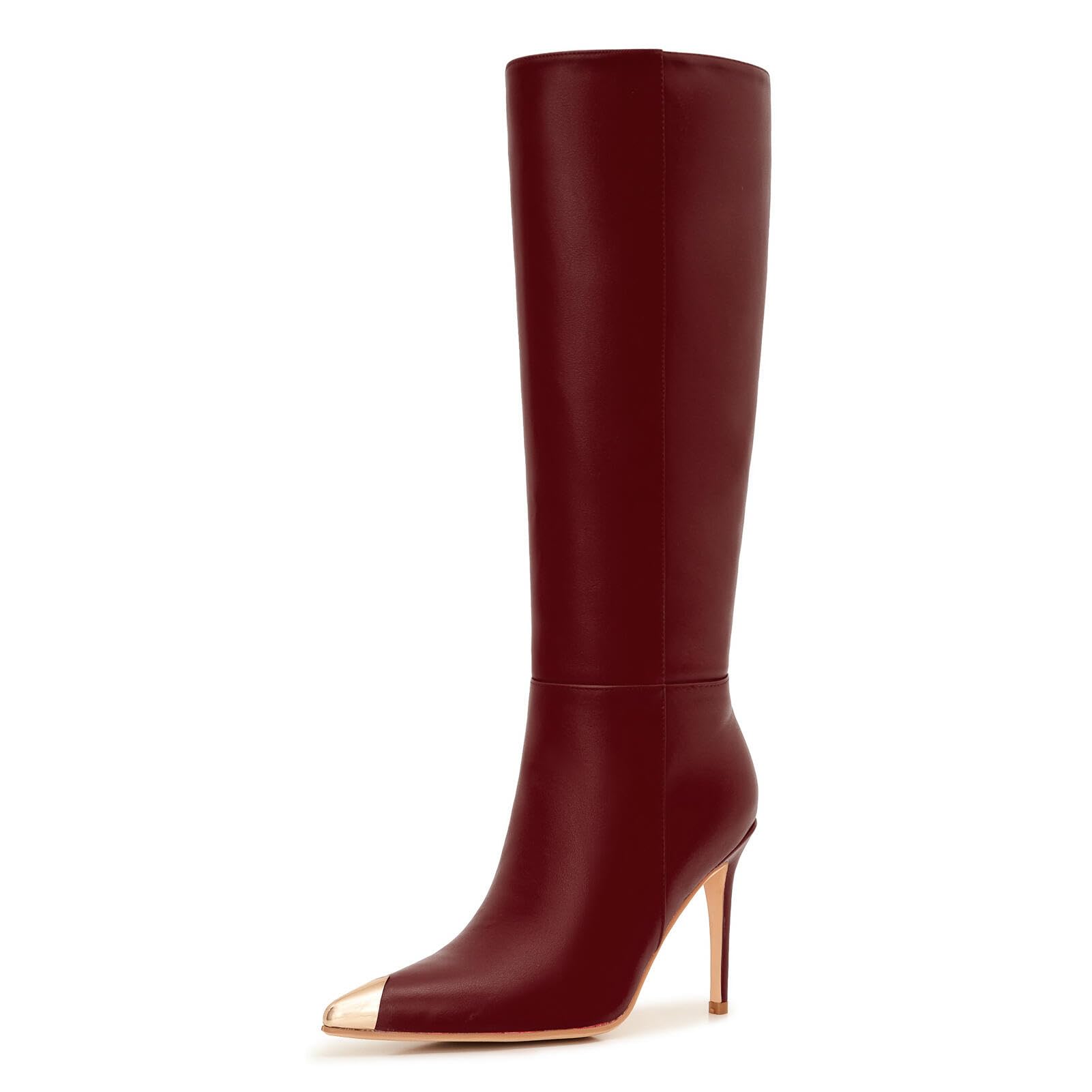 Womens Wide Calf Knee High Boots Plus Size Stiletto Heel Boots with Metal Toe Dressy Pointed Toe Fall
