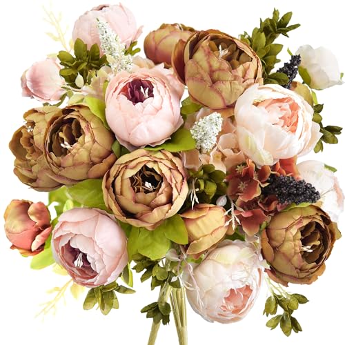 Image of FiveSeasonStuff Artificial Peony Bouquets, 2 Silk Flower Bundles in Mixed Pale Pink & Tawny Brown with Hydrangeas for Wedding Centerpieces & Home Decor