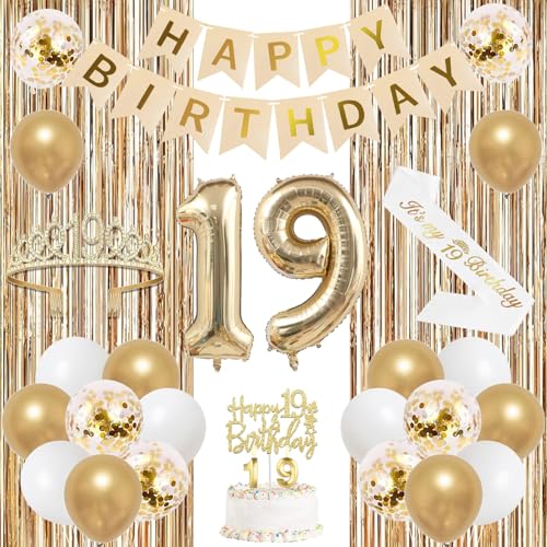 Image of Trgowaul Happy 19th Birthday Decorations for Girls, Banner, Sash and Crown, Cake Topper, 19 Number Balloon, Fringe Curtains, Champagne Gold 19th Birthday Party Supplies