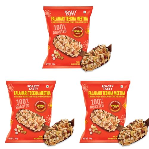 Image of Roasty Tasty Falahari Theekha Meetha Mix Roasted Namkeen Snack 200g | Oil-Free Farari Chiwda | No Onion, No Garlic Farali Namkeen | Healthy Vrat Upwas Fast Namkeen | No Cholesterol No Transfat Healthy Snack for Fasting