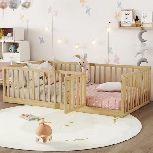 Image of Bellemave Twin Size Kids Montessori Floor Bed Frame with Door and Slats,Solid Wood Floor Bed Frame with Slats and High Fence for Kids,Girls,Boys,Natural