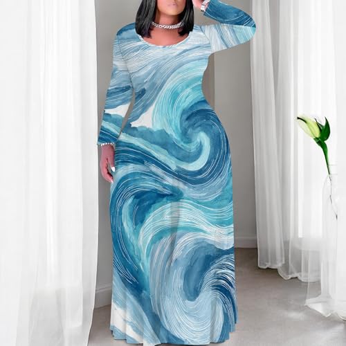 Image of PinkPatty Plus Size Maxi Dress for Curvy Women Crew Neck Long Sleeves Casual Dress Vacation Sundresses with Pockets